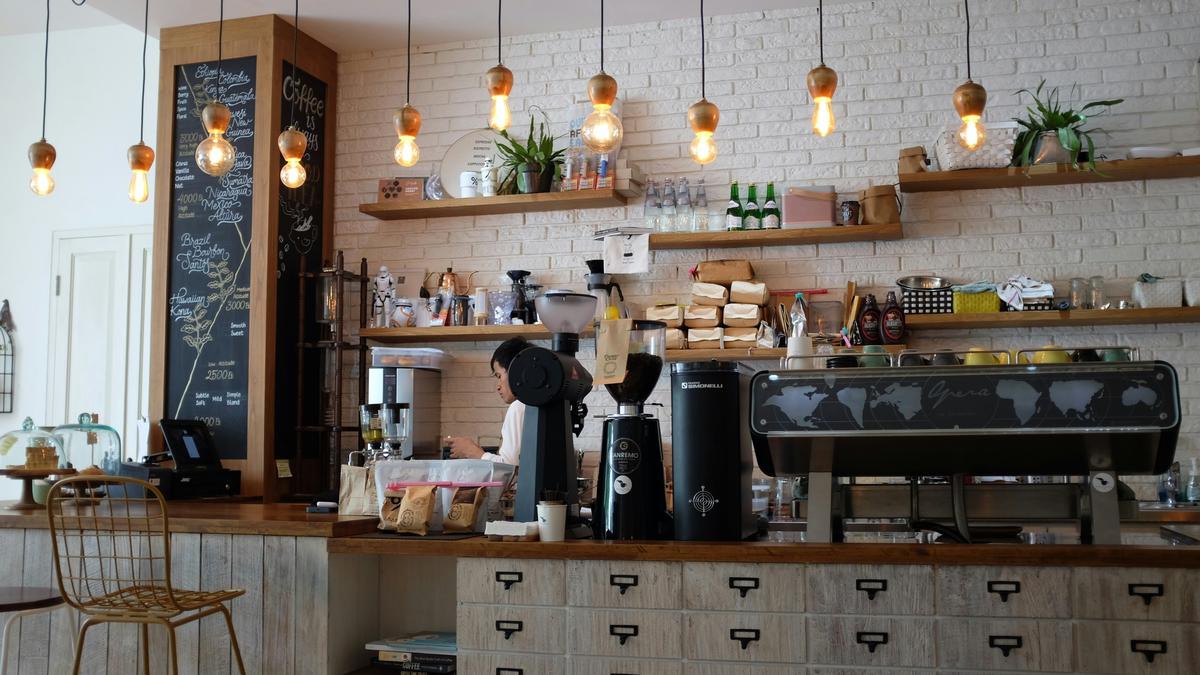 Independent café counter with warm lighting